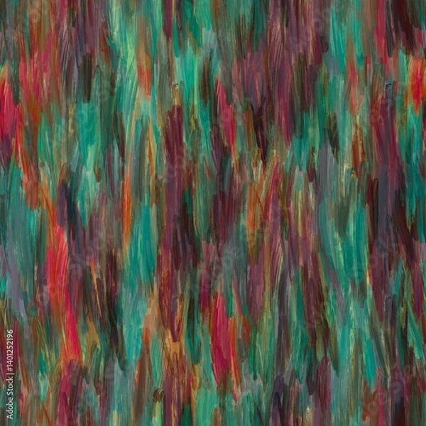 Fototapeta Abstract painting with vibrant brushstrokes in teal, red, and brown hues. The dynamic texture and rich colors create a sense of movement and depth.