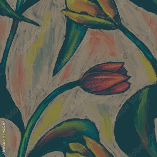 Obraz Hand-painted floral pattern featuring abstract tulips and leaves in pastel shades. Ideal for backgrounds, textiles, and artistic projects.
