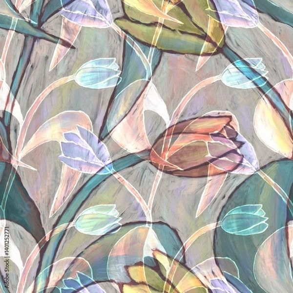Obraz Hand-painted floral pattern featuring abstract tulips and leaves in pastel shades. Ideal for backgrounds, textiles, and artistic projects.