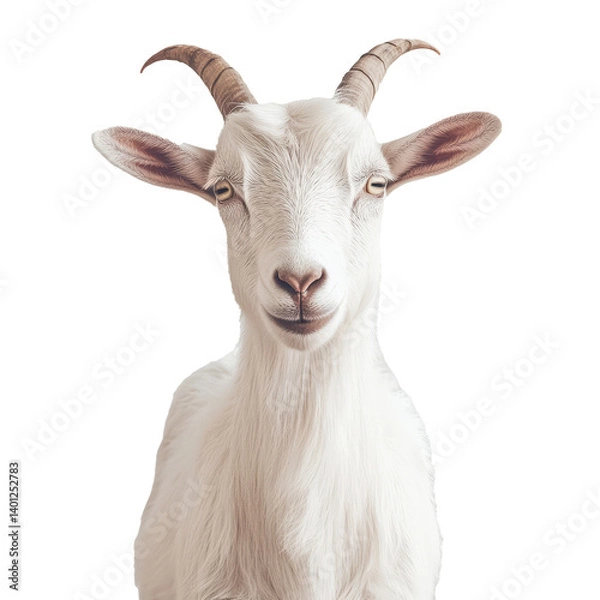Fototapeta Frontal Portrait of White Goat with Curved Horns 