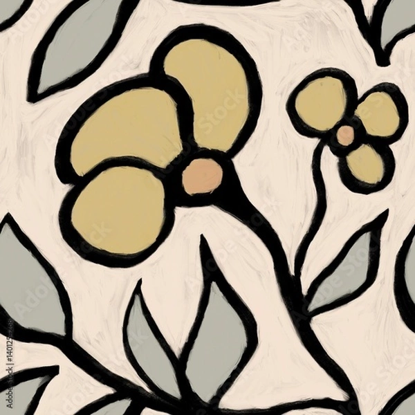 Obraz Abstract floral painting with bold black outlines, featuring yellow flowers and green leaves on a cream background. Modern, expressive, and artistic design