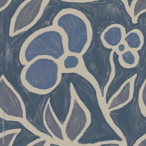 Obraz Abstract floral painting with bold black outlines, featuring yellow flowers and green leaves on a cream background. Modern, expressive, and artistic design