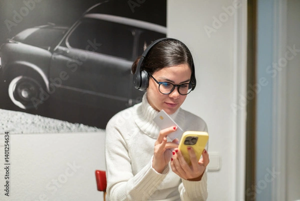 Fototapeta Young woman paying with credit card on smartphone at home.