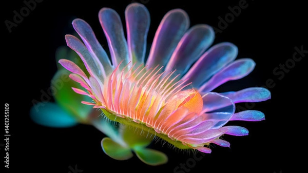 Fototapeta vibrant flower with colorful petals and intricate details, showcasing blend of hues against dark background, evokes sense