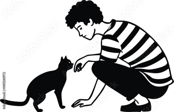 Fototapeta Young Curly Haired Man Squatting with Black Cat on a White Background
