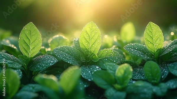 Obraz A serene organic vegetable garden at sunrise, lush green leaves glistening with dew, soft golden light filtering through, macro perspective highlighting intricate details