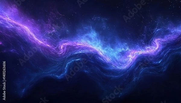 Fototapeta Abstract background featuring blue and purple wavy lines with glowing accents on a dark backdrop, ideal for presentation design or conceptual digital art.