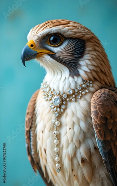 Obraz beautiful hawk in diamond precious necklace  against  blue  background. Digital art. Ai generated