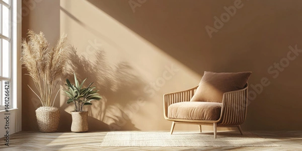 Fototapeta Living Space Featuring a Cozy Wicker Armchair, Potted Plants, and Warm Earthy Tones Illuminated by Natural Sunlight