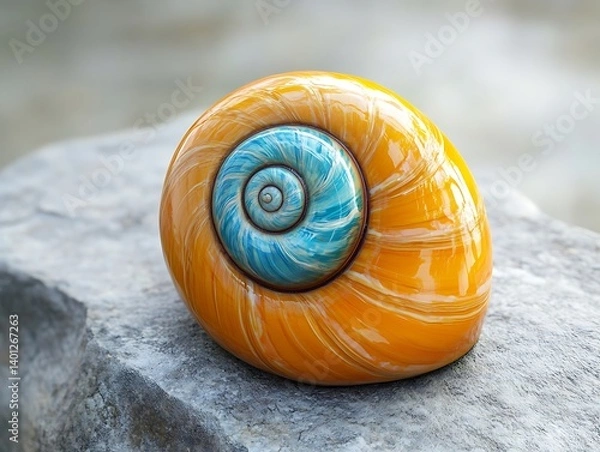 Fototapeta A simplified orange snail shell with a contrasting teal swirl pattern resting on a light gray stone surface, macro perspective.