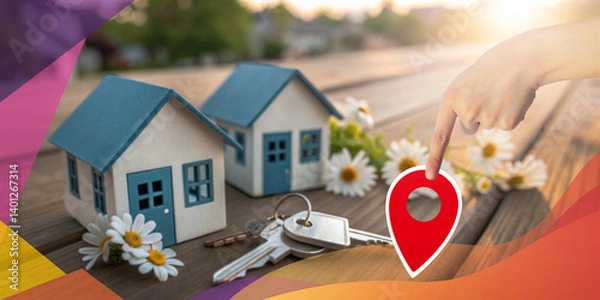 Fototapeta Real Estate Concept with Buying a House and Starting a New Family. keys, flowers, Real Estate, House, Startup, Property, Opportunity, Investment, Mortgage