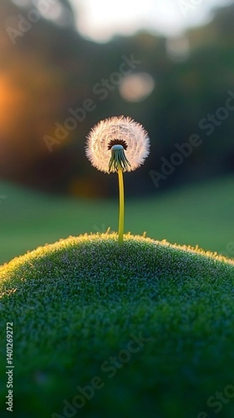 Obraz A single dandelion seed head against a blurred green meadow background, sunlight illuminating the delicate filaments, macro shot.