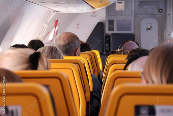 Fototapeta Malaga Ryanair Flight April 8th 2025 Perspective view of the interior of Ryanair airline aircraft.