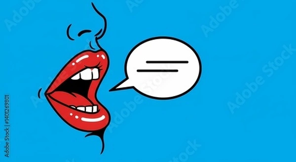 Fototapeta An illustration of a woman's mouth speaking with a blank speech bubble next to it, against a solid blue background. The image has a pop art style with bold lines and vibrant colors.