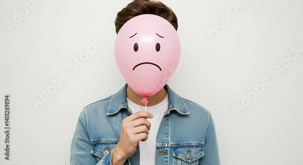 Fototapeta A person in a denim jacket holds a pink balloon with a sad face, covering their own face. The image has a conceptual and slightly surreal quality.