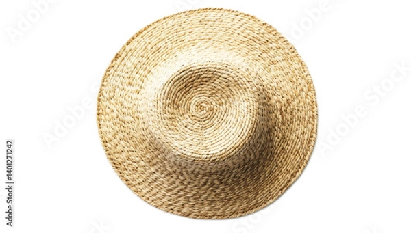 Fototapeta A top view of a stylish straw hat with a wide brim, perfect for summer outings or beach days, isolated on a white background.