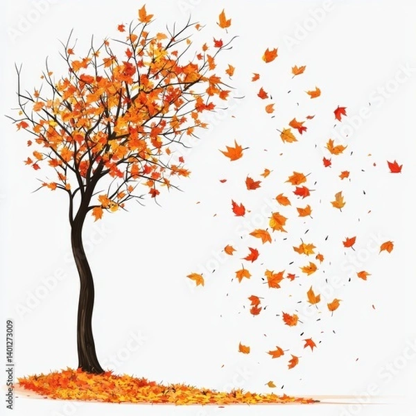 Fototapeta Vibrant Autumn Tree Shedding Colorful Leaves in Gentle Breeze with Fall Atmosphere and Serenity Captured in Artistic Style