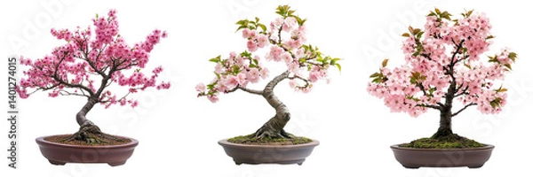 Fototapeta Set of Close-up shot of delicate pink Sakura blossoms on a bonsai tree, with a scattering of rare bonsai seeds around the base on transparent png background. Ai generated