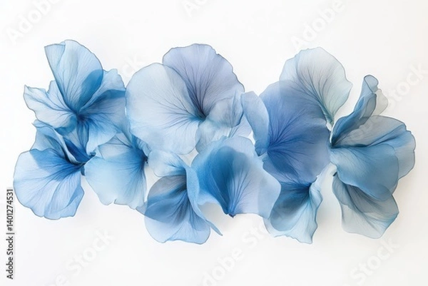 Fototapeta Arrangement of delicate light blue petals on a clean white surface view top