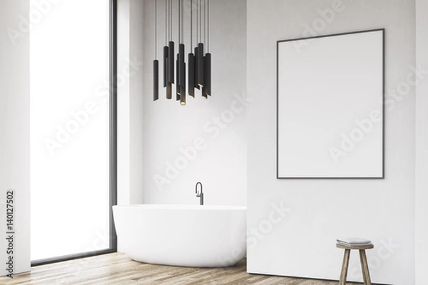 Fototapeta Side view bathroom interior with bathtub, wooden floor, white wall and window. Mock up. 3d rendering