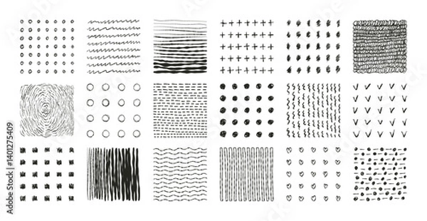 Fototapeta Hand drawn patterns with dots, lines, scribbles set. Geometric simple shapes, doodles, grunge ink blots, splashes for wallpaper, backgrounds. Vector isolated collection