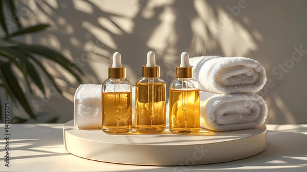 Obraz Essential oils and soft towels creating relaxing spa ambiance