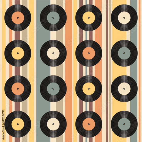 Fototapeta Seamless pattern print wallpaper with vinyl record discs music illustration vector retro style 60s, 70s, 80s, design art background for paper, textile, pack etc.	
