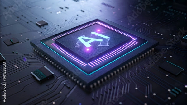 Obraz Futuristic AI Microchip on Circuit Board with Glowing Neon Lights