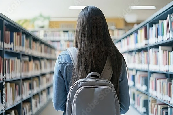 Obraz Back view of a female student with backpack in a library. The back of a female student reflects determination as she navigates the library's vast collection of books.