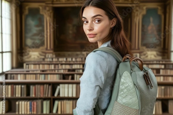 Obraz Pensive female student with backpack in a library. The library serves as a peaceful retreat for the thoughtful student, her backpack a reminder of her goals.