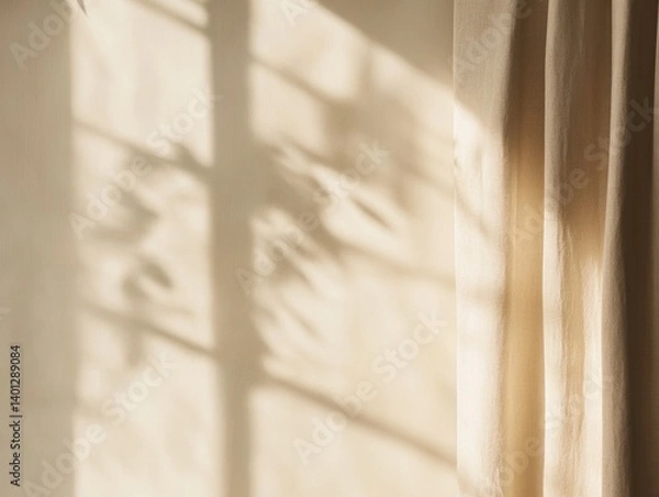 Fototapeta Sunlight casts shadows on beige walls and curtains