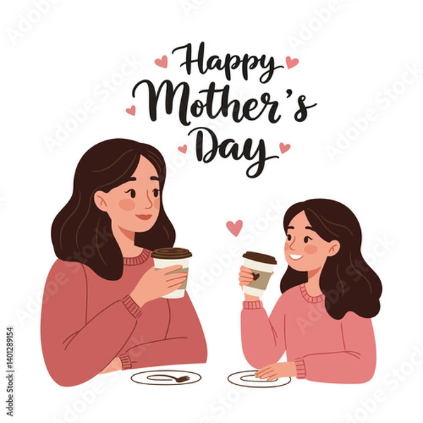 Obraz Mother and daughter enjoying coffee together in flat vector illustration