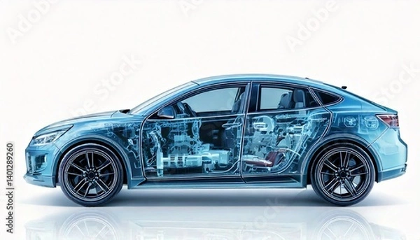 Fototapeta X-Ray style transparent render of a modern hybrid car, side view