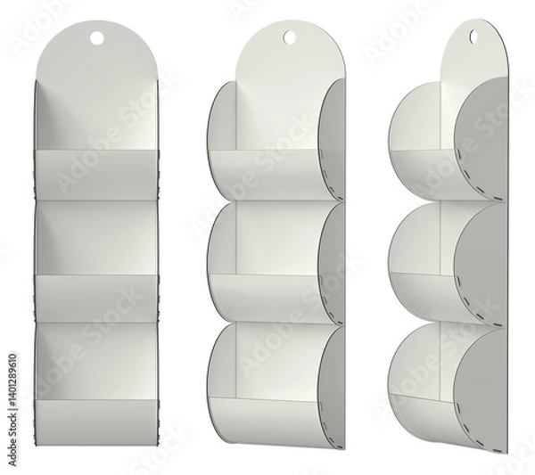 Fototapeta Hanging plastic retail display stand mockup with rounded design. Supermarket hanging merchandise stripe. Set of 3d illustrations transparent background