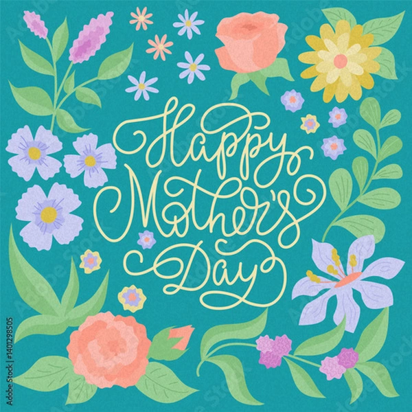 Fototapeta Greeting card with floral design and lettering Happy Mothers Day in line style. Vector color illustration.