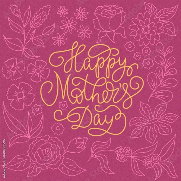 Fototapeta Greeting card with floral design and lettering Happy Mothers Day in line doodle style. Vector color illustration.