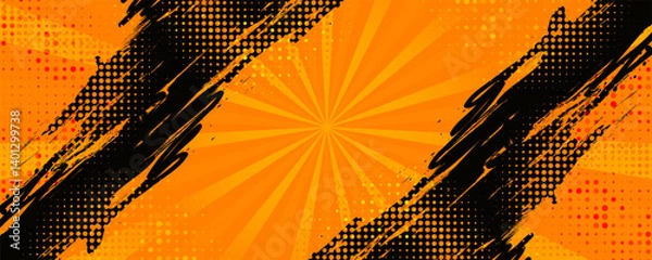 Fototapeta Abstract Sports Background with Black and Orange Brush Strokes in Halftone Style