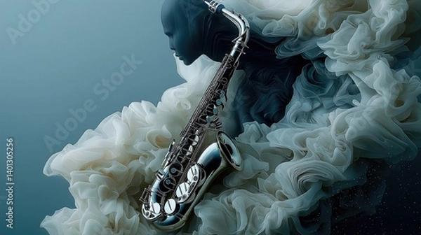 Fototapeta Abstract jazz art featuring a saxophone and veiled figure.  A  stylish, modern, and elegant image with a musical instrument set against a backdrop of swirling, ethereal fabrics. 