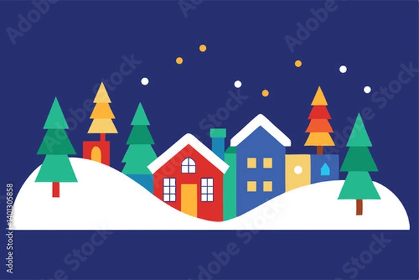 Fototapeta christmas village with snow and lights vector illustration