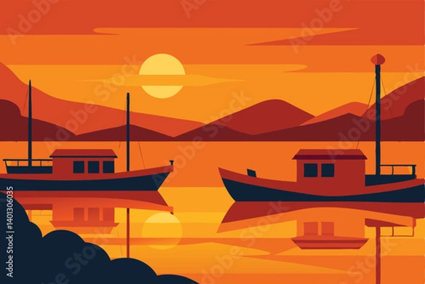 Fototapeta boats docked on still lake during golden hour vector