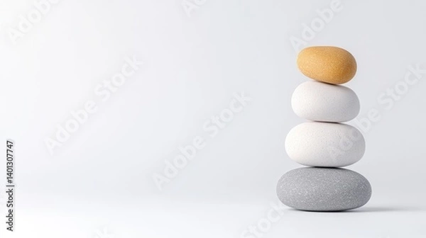 Fototapeta Four smooth stones stacked in a balanced arrangement, minimalist composition on a white background, and showcasing harmony and balance concept.