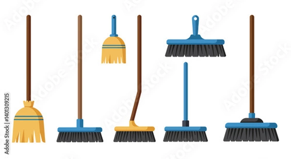 Obraz Various broom designs in flat style showcasing cleaning tools in vector art