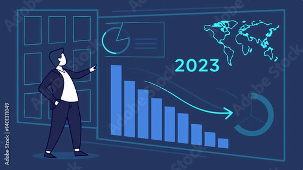 Fototapeta Businesswoman analyzing 2023 financial data decline showcasing a downward trend in bar graph presentation with a futuristic digital