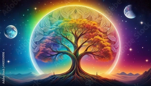 Obraz Tree of Life in the shape of the Planets rainbow in the Night Skyline 