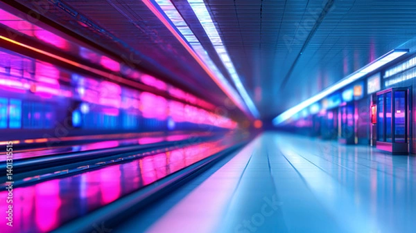 Fototapeta vibrant subway station with colorful neon lights reflecting on polished floor creates dynamic atmosphere