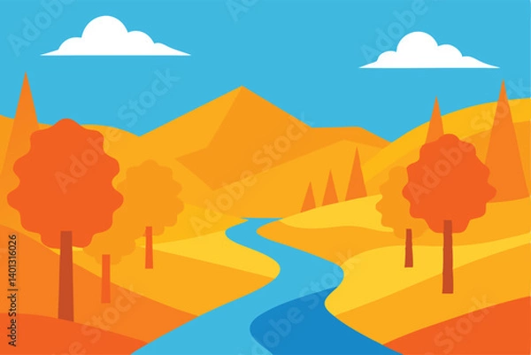 Fototapeta golden fall forest with river running through vector