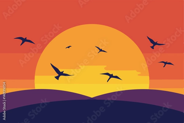 Fototapeta group of birds flying across colorful sunset sky vector