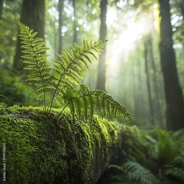 Fototapeta Sunlit Ferns on Forest Log.