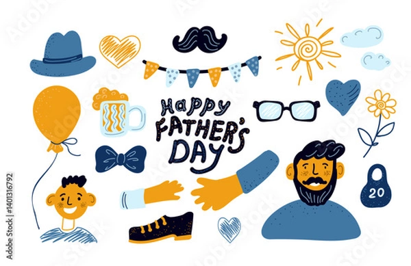 Obraz Father's day set. Cute elements for design on a white background.