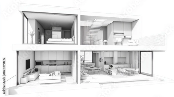 Fototapeta Modern Two Story House Architectural Rendering Grayscale Interior Design